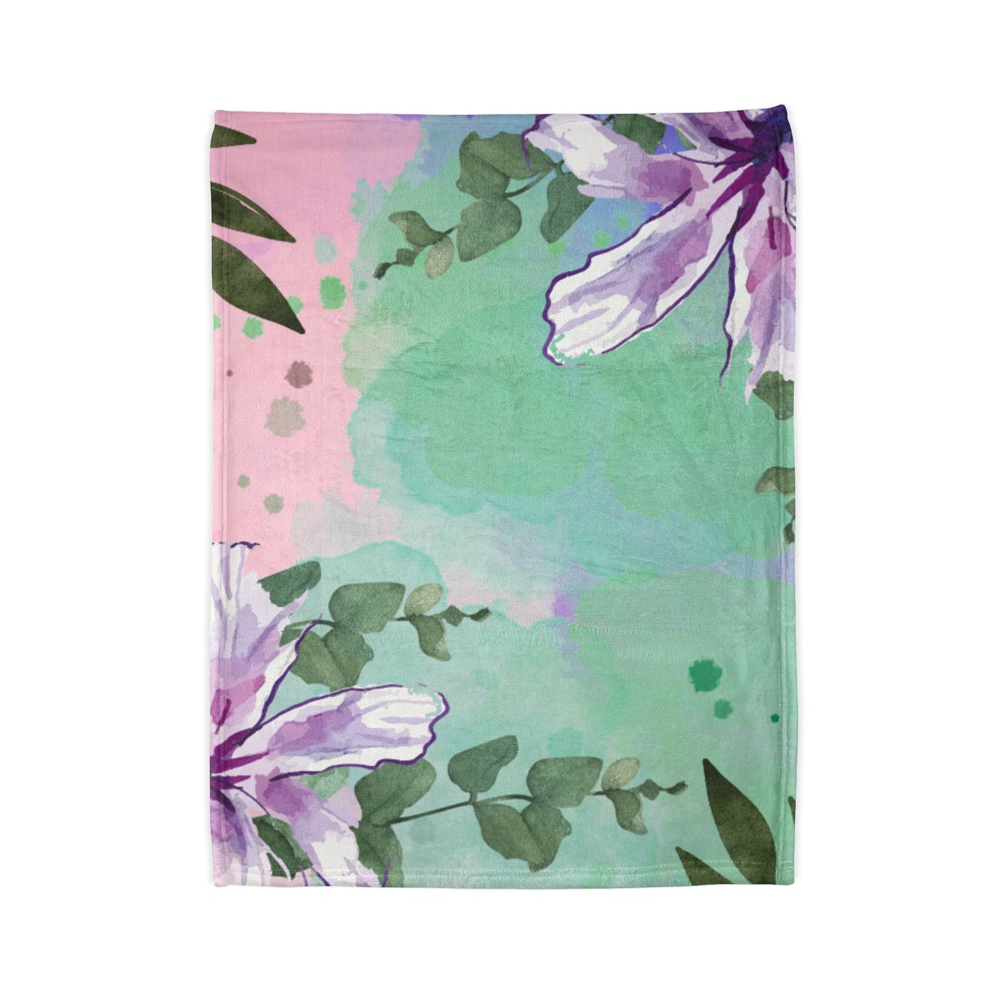 Floral Watercolor Throw Blanket — Pastel Green & Pink Botanical Cozy Plush