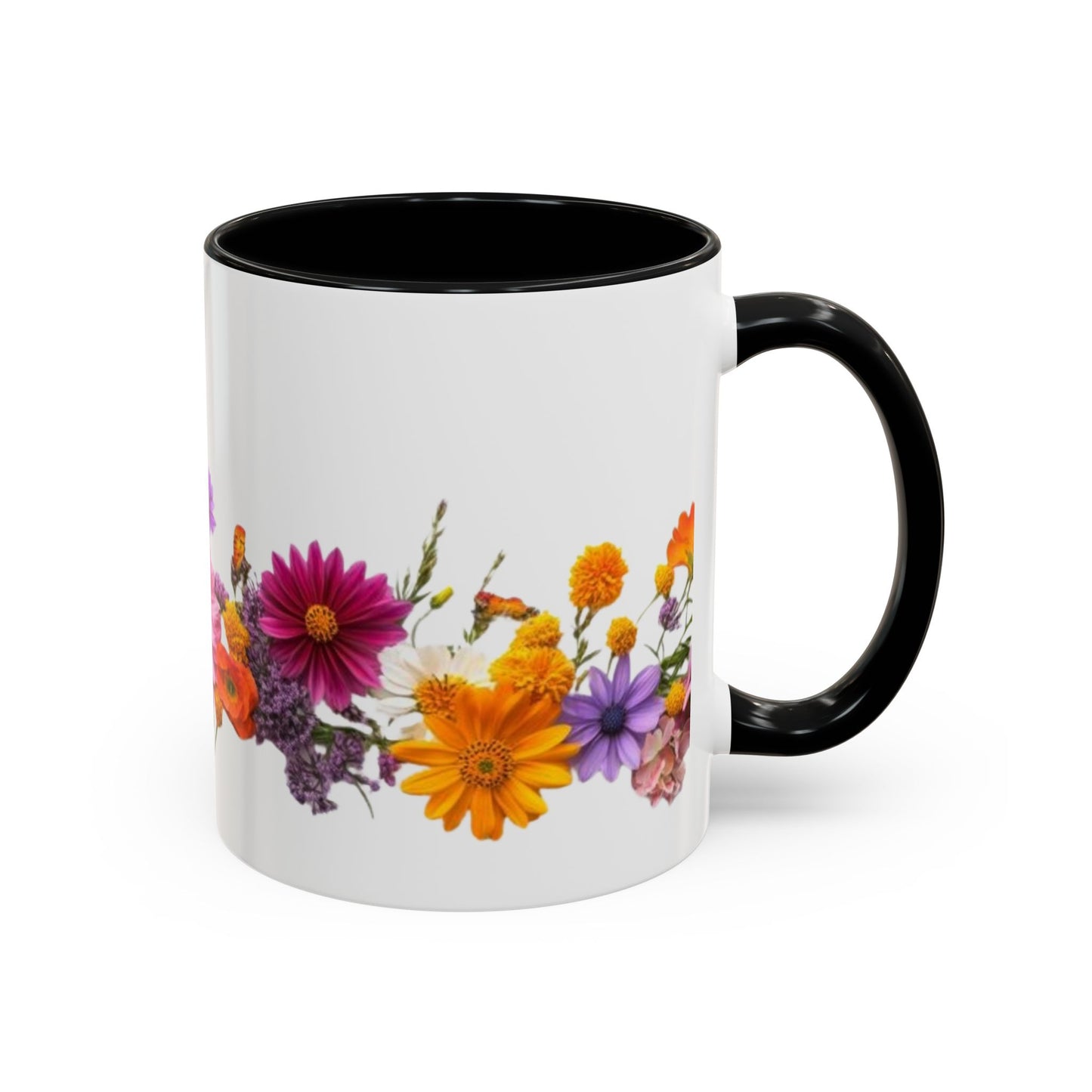 Floral Border Accent Coffee Mug — Colorful Daisy Bouquet 11/15oz