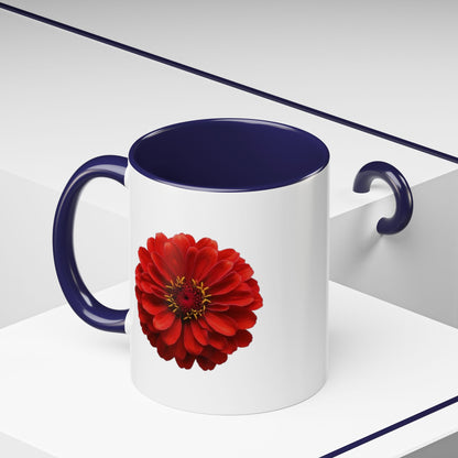 Red Zinnia Accent Coffee Mug — Floral Ceramic Tea Cup (11/15 oz)