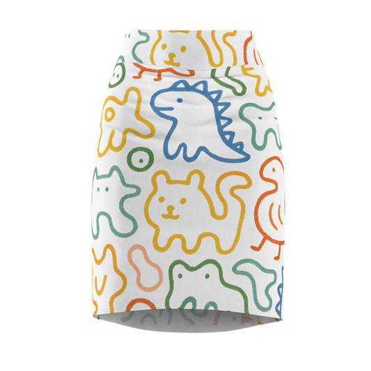 Cute Doodle Animals Pencil Skirt — Colorful Cartoon Dino & Cat All-Over Print