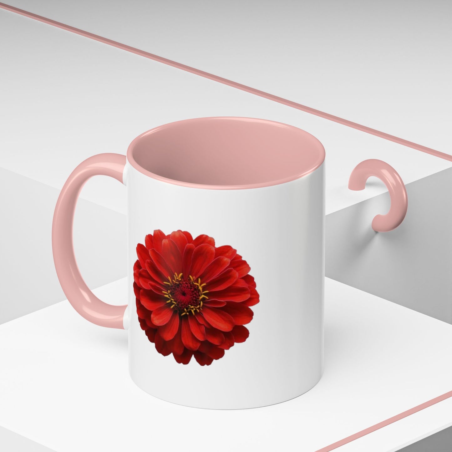 Red Zinnia Accent Coffee Mug — Floral Ceramic Tea Cup (11/15 oz)
