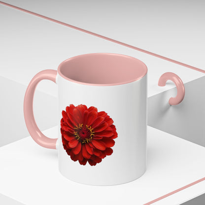 Red Zinnia Accent Coffee Mug — Floral Ceramic Tea Cup (11/15 oz)
