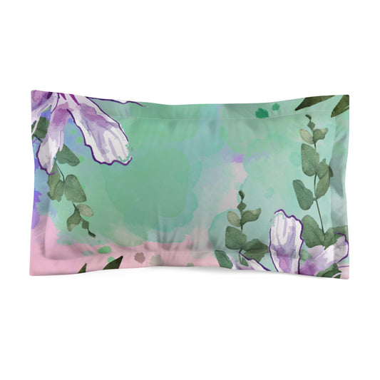 Floral Watercolor Pillow Sham — Pastel Green & Lavender Botanical Decorative Pillowcase