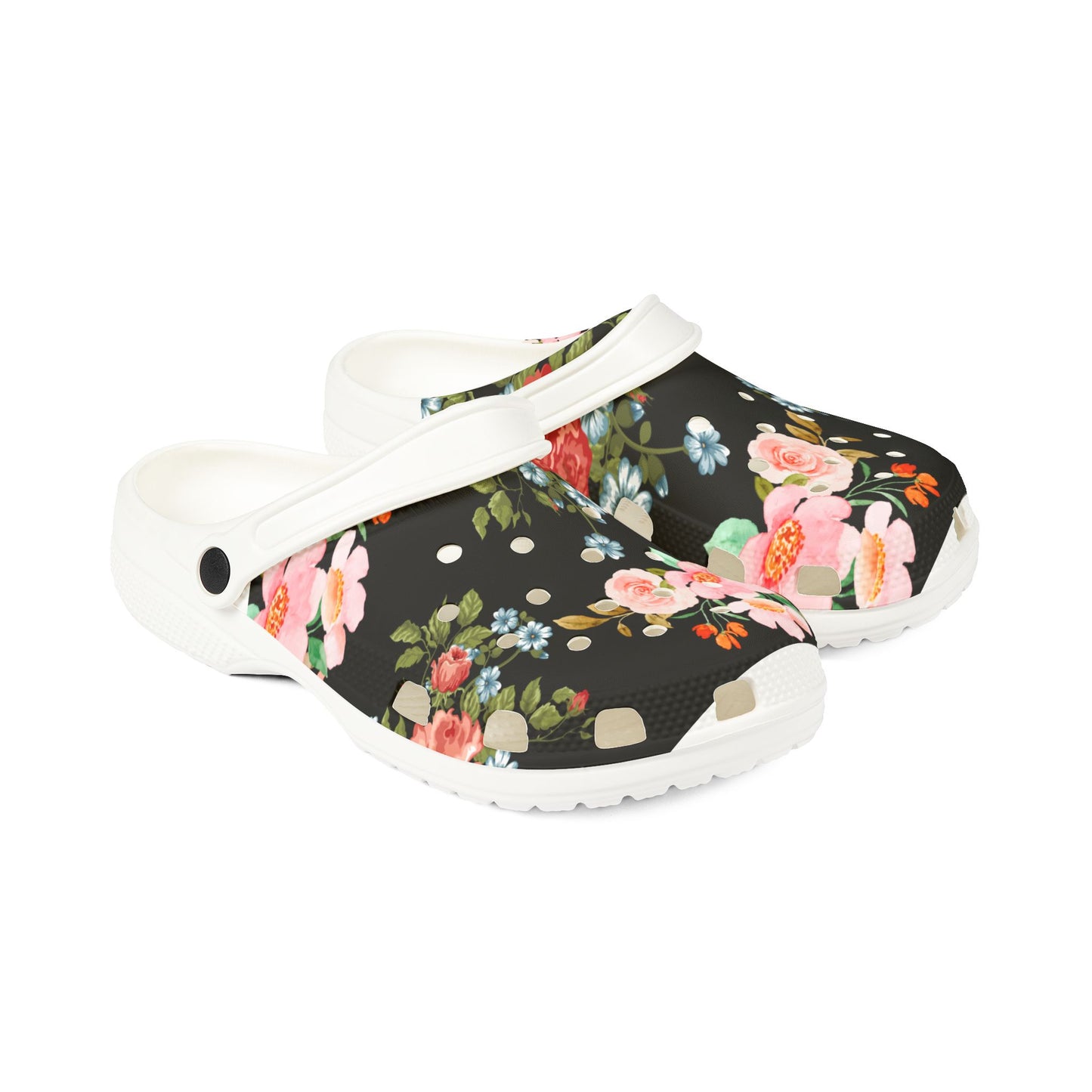 Floral EVA Foam Clogs — Women's Black Rose Garden Slip-On Shoes