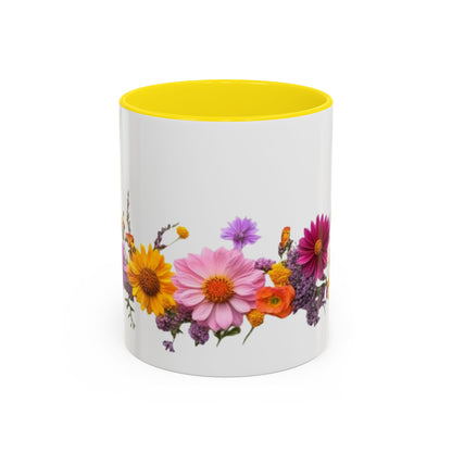 Floral Border Accent Coffee Mug — Colorful Daisy Bouquet 11/15oz