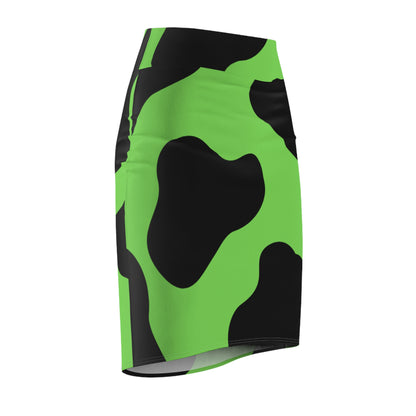 Neon Green Cow Print Pencil Skirt
