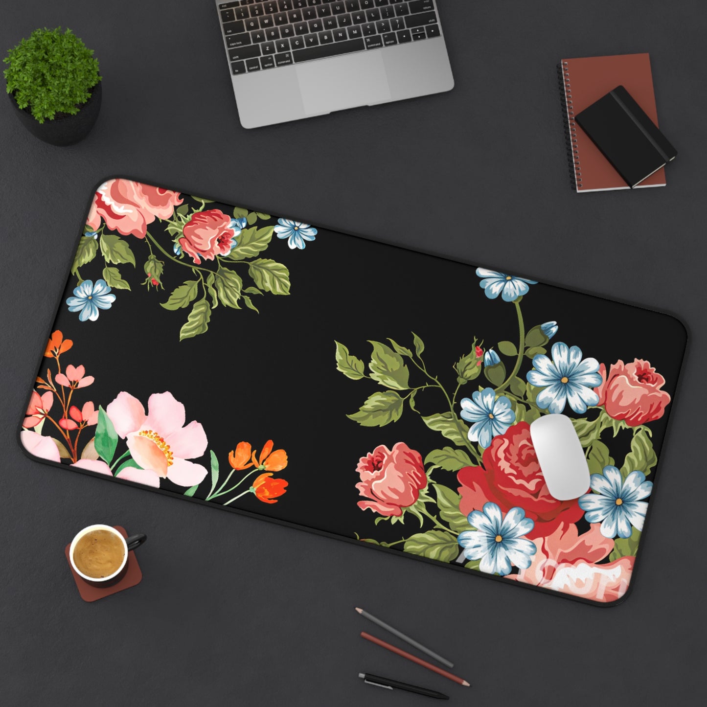 Floral Vintage Desk Mat — Black Rose & Garden Blossoms Mouse Pad