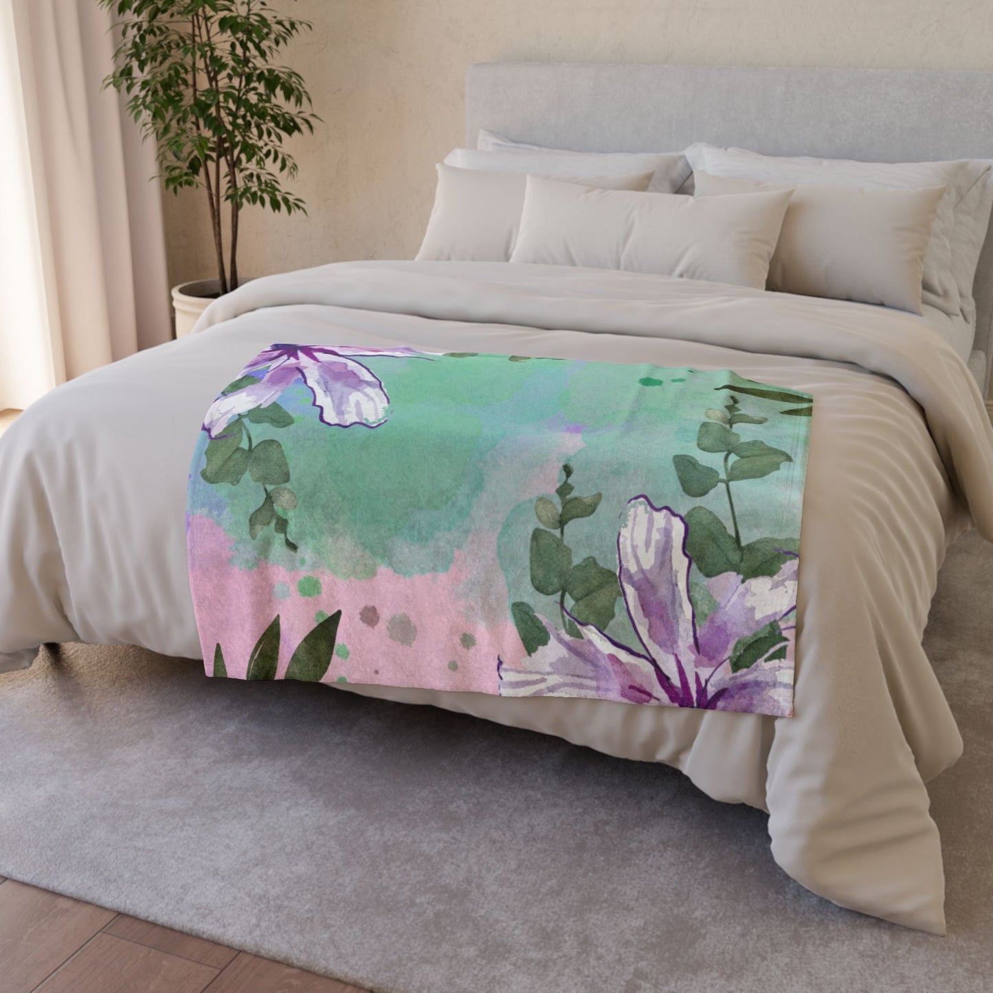 Floral Watercolor Throw Blanket — Pastel Green & Pink Botanical Cozy Plush