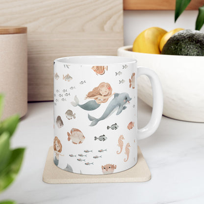 Mermaid & Sea Creatures Ceramic Mug — Cute Ocean Pattern Coffee Cup (11oz/15oz)