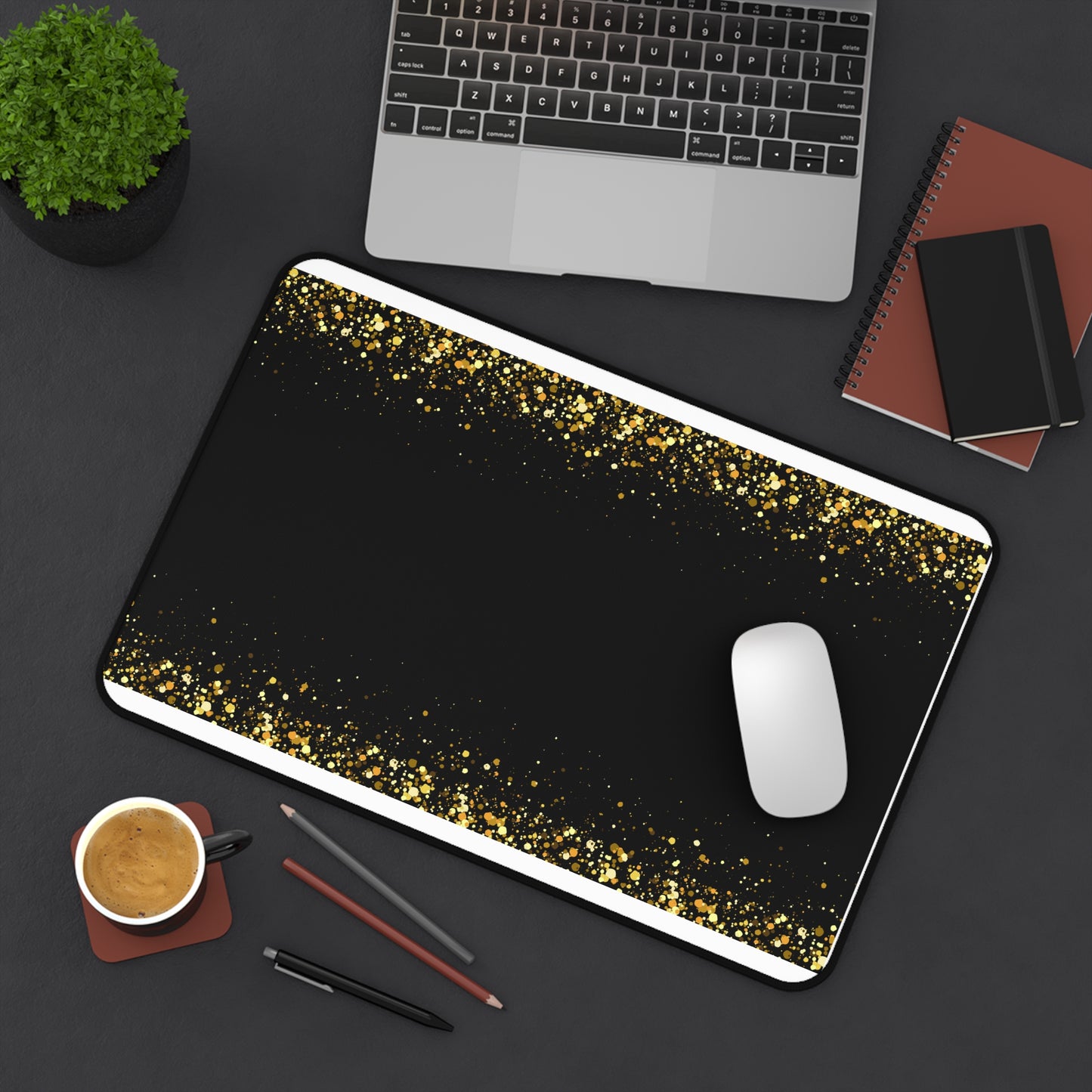Gold Glitter Edge Desk Mat — Black Glamorous Mousepad for Office & Home