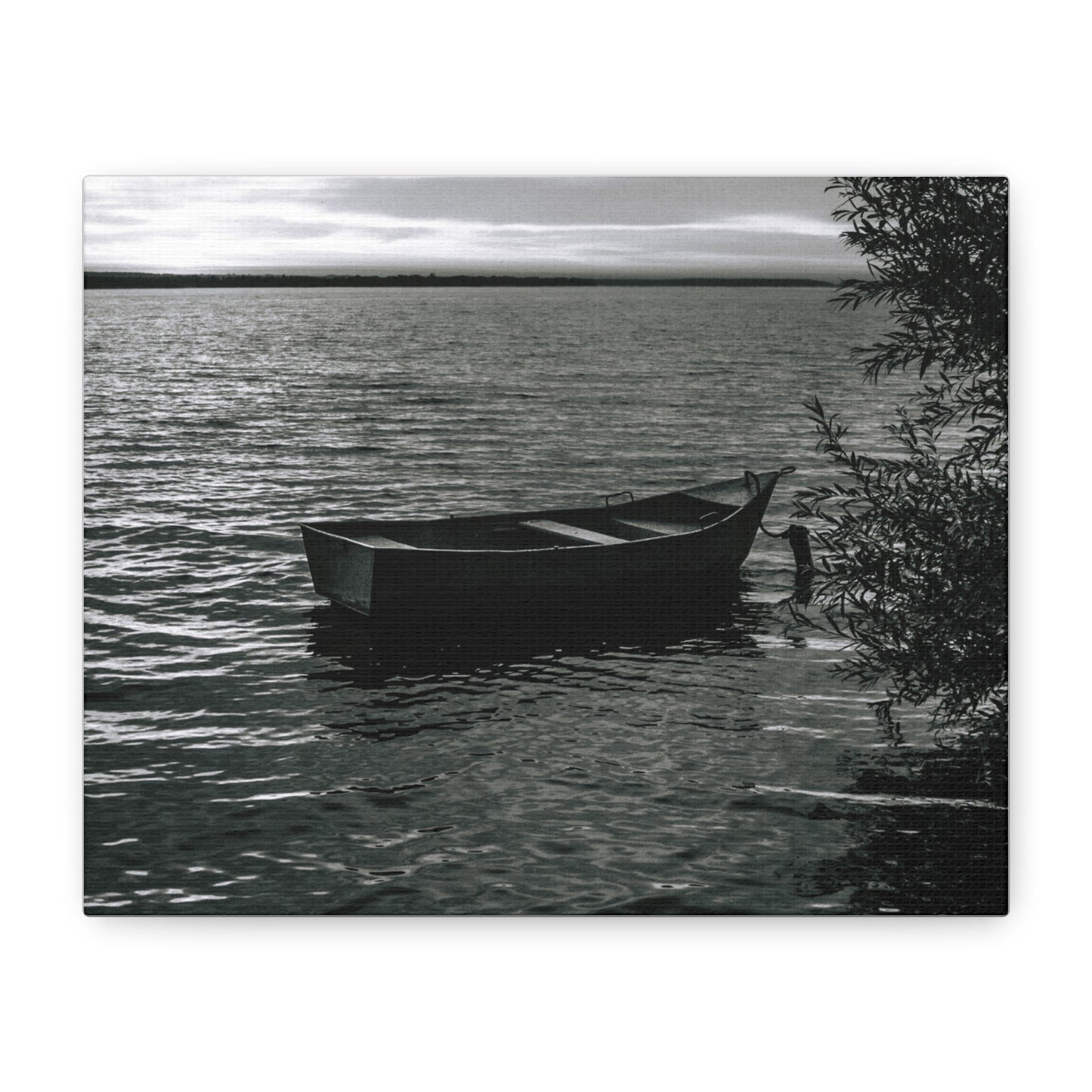 Black & White Rowboat Lake Canvas Print — Serene Nautical Wall Art
