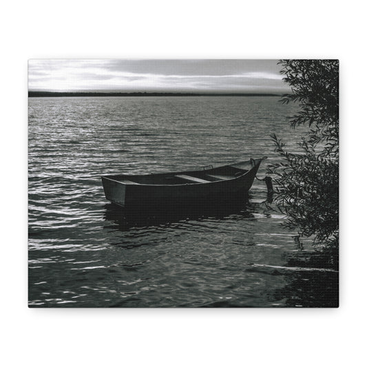 Black & White Rowboat Lake Canvas Print — Serene Nautical Wall Art