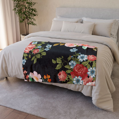 Floral Rose Garden Throw Blanket — Vintage Pink & Blue Flowers on Black