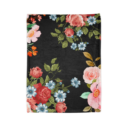 Floral Rose Garden Throw Blanket — Vintage Pink & Blue Flowers on Black