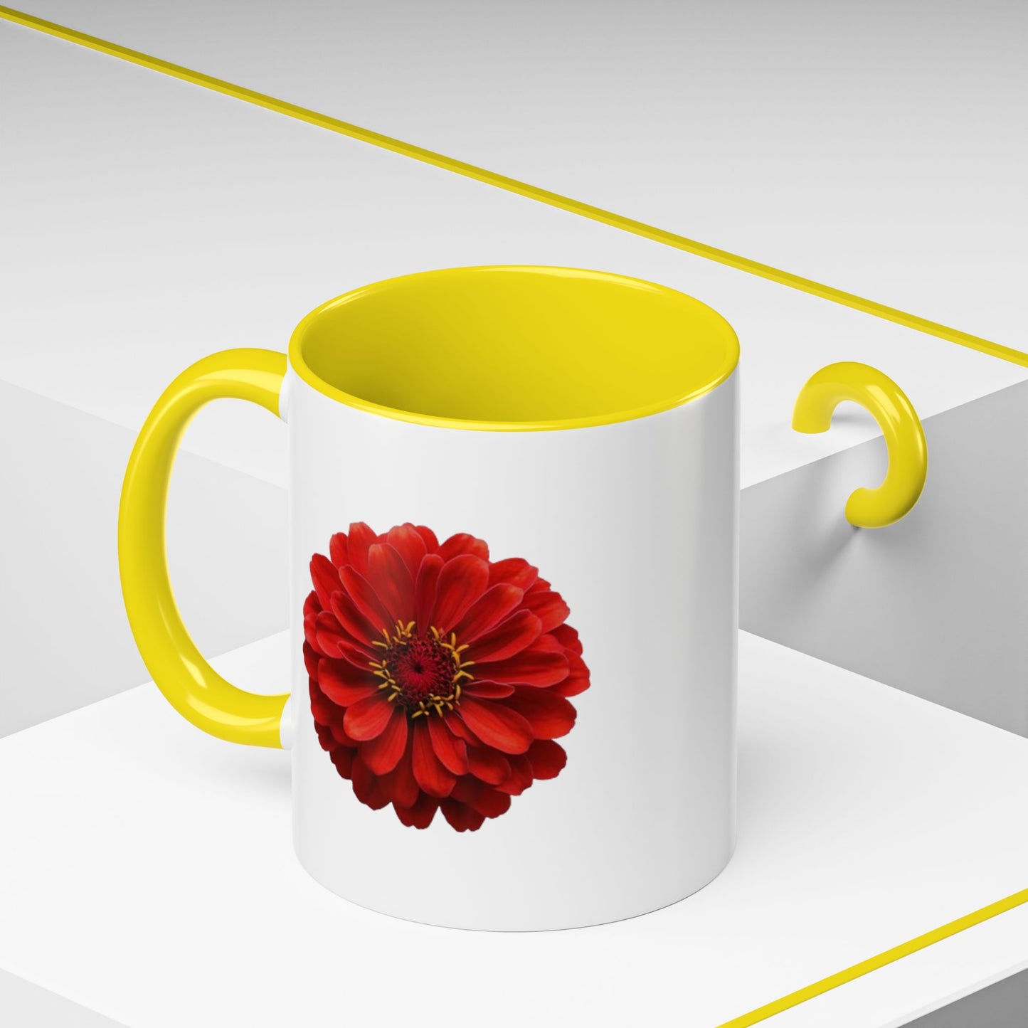 Red Zinnia Accent Coffee Mug — Floral Ceramic Tea Cup (11/15 oz)