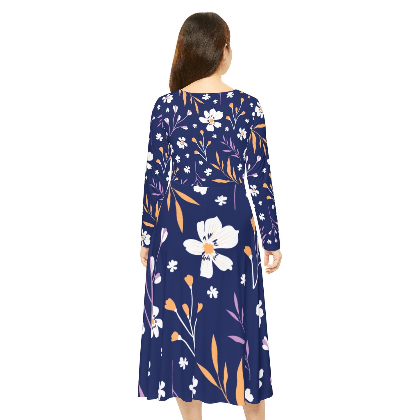 Floral Maxi Dance Dress — Navy Long-Sleeve Twirl Skater Dress