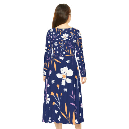 Floral Maxi Dance Dress — Navy Long-Sleeve Twirl Skater Dress