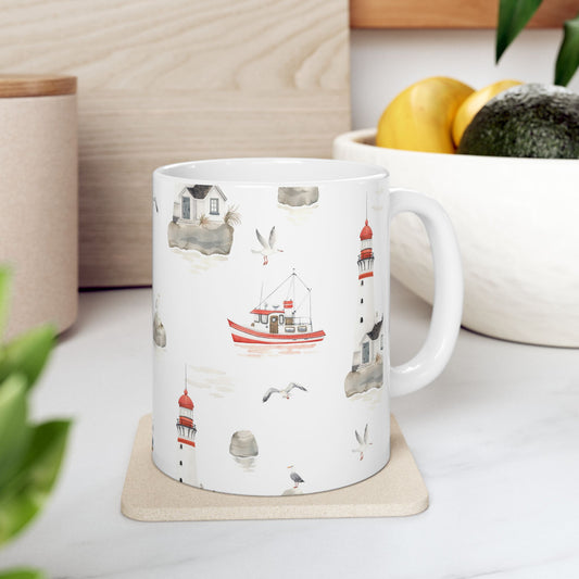 Nautical Lighthouse Ceramic Mug — Coastal Watercolor 11oz & 15oz