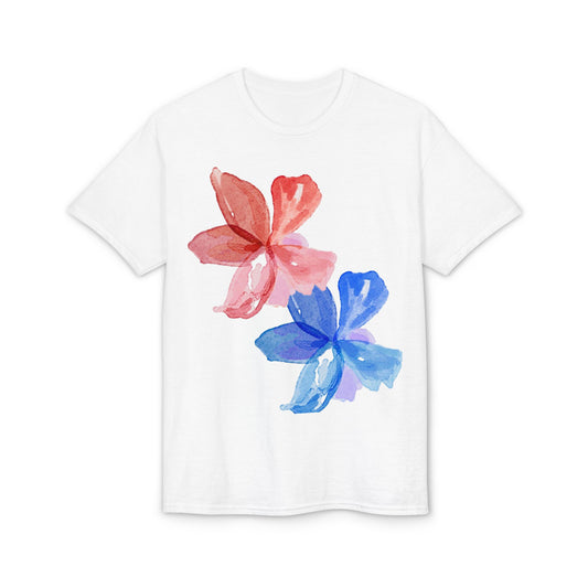 Floral Watercolor Tee — Pink & Blue Petal Graphic T-Shirt