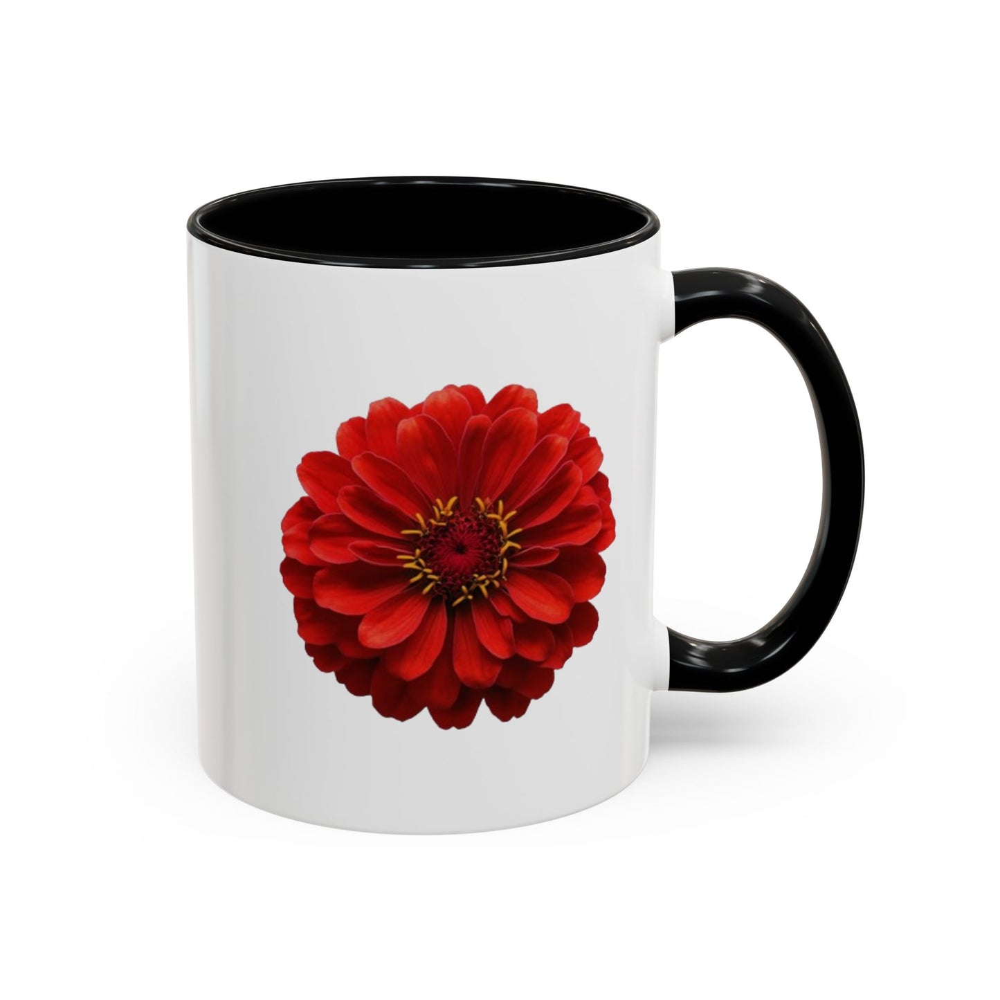 Red Zinnia Accent Coffee Mug — Floral Ceramic Tea Cup (11/15 oz)