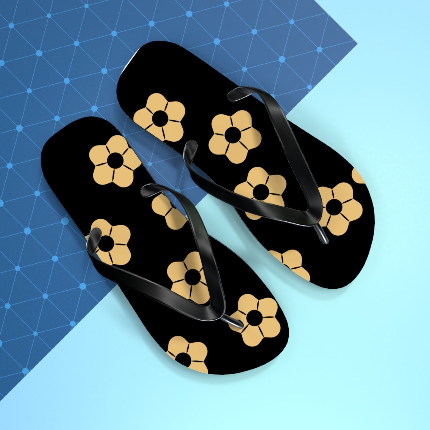 Black Floral Flip Flops – Gold Flower Pattern Beach Sandals