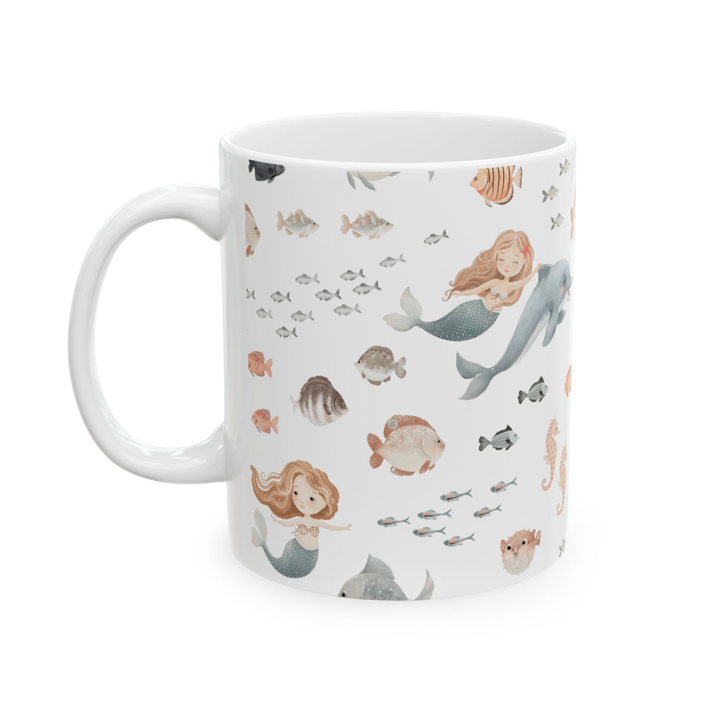 Mermaid & Sea Creatures Ceramic Mug — Cute Ocean Pattern Coffee Cup (11oz/15oz)