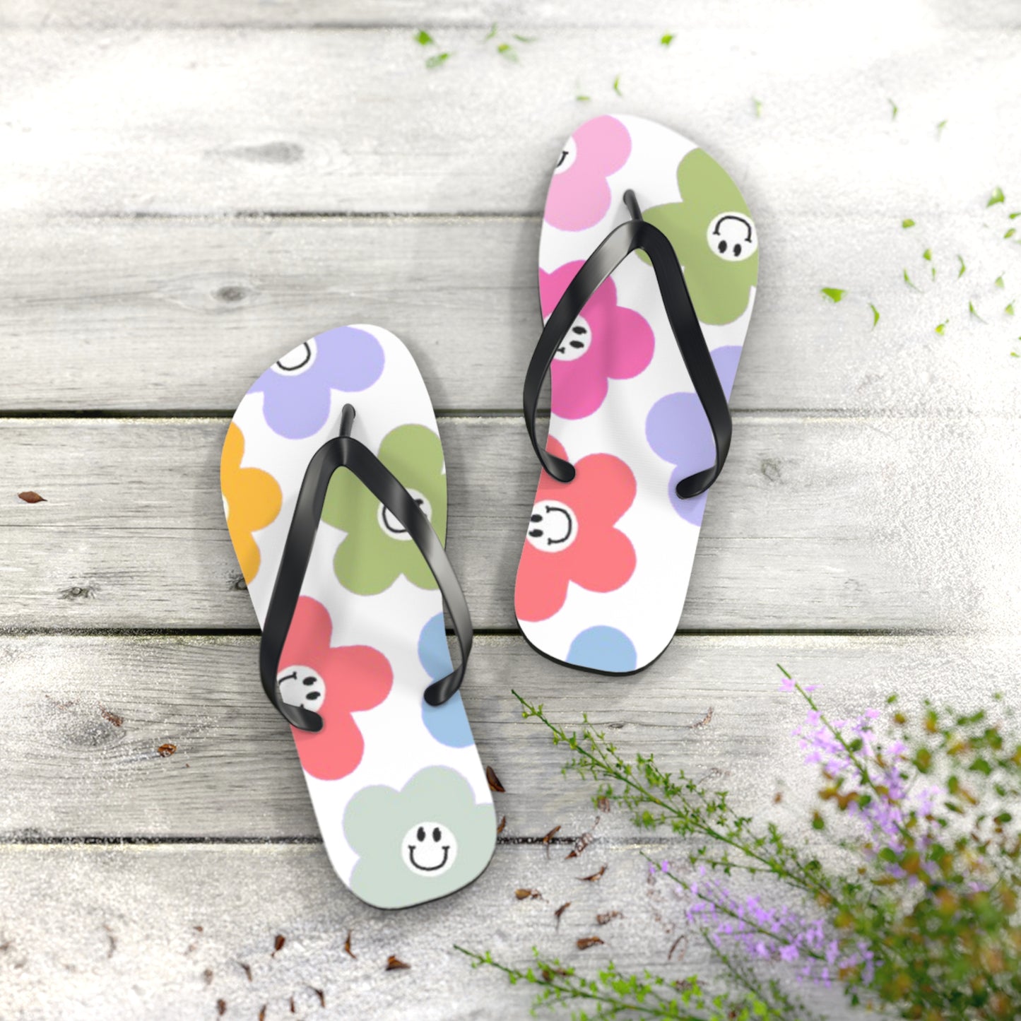 Smiley Flower Flip Flops — Colorful Cute Floral Beach Sandals