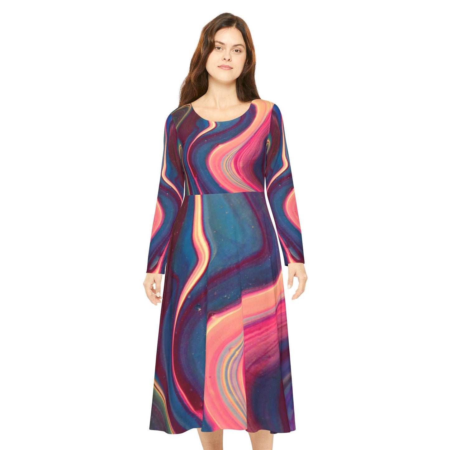 Swirl Marble Midi Dress — Colorful Long-Sleeve Dance Dress
