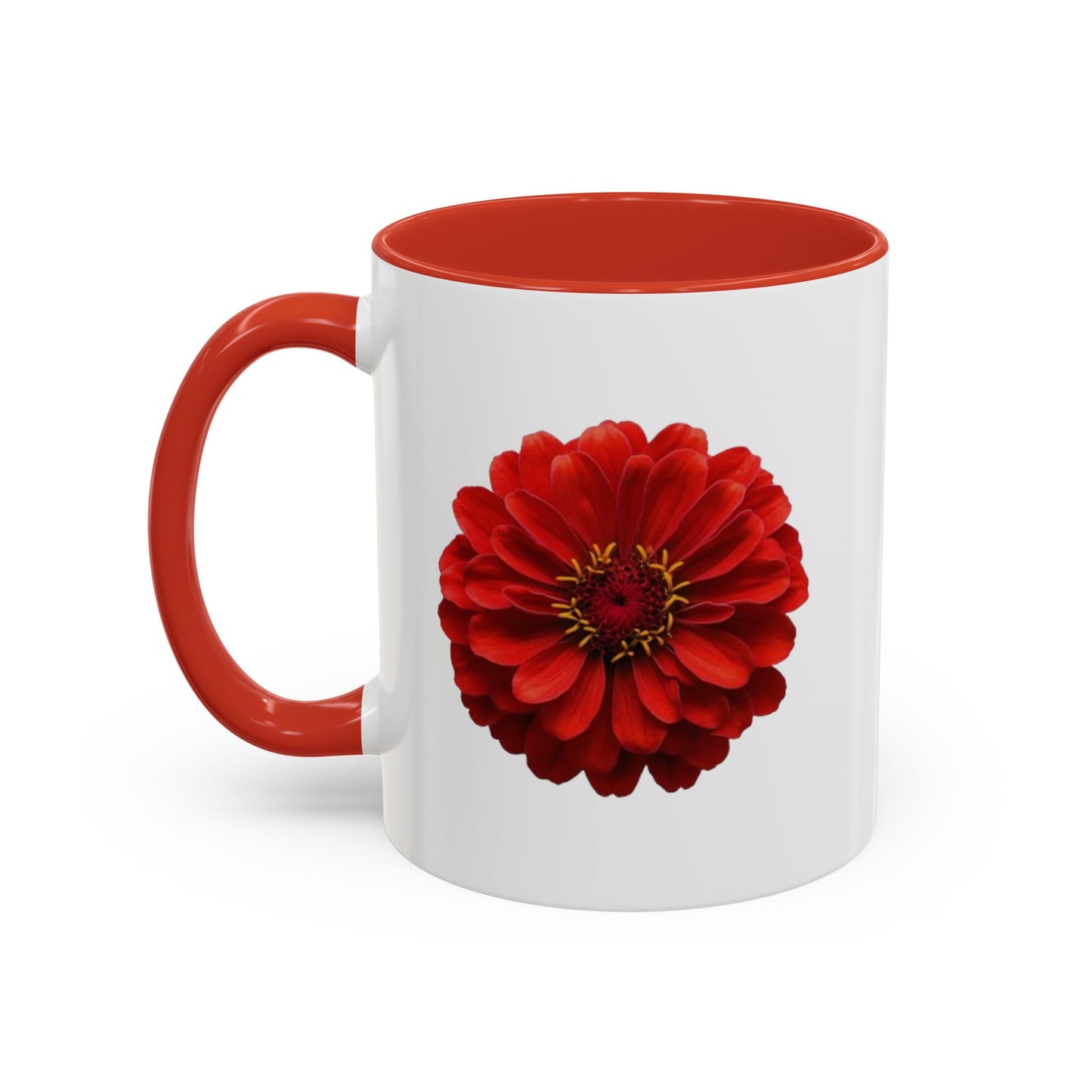 Red Zinnia Accent Coffee Mug — Floral Ceramic Tea Cup (11/15 oz)