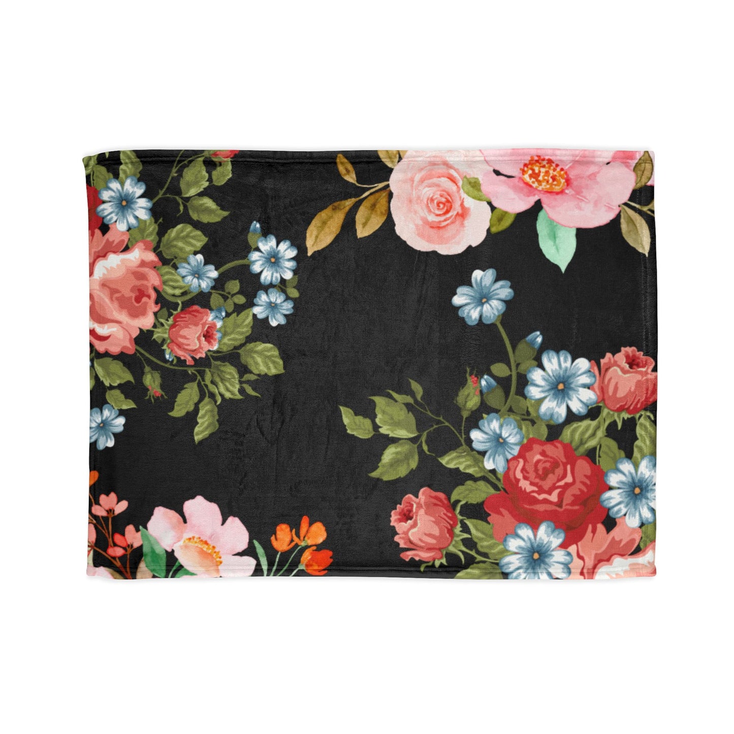 Floral Rose Garden Throw Blanket — Vintage Pink & Blue Flowers on Black