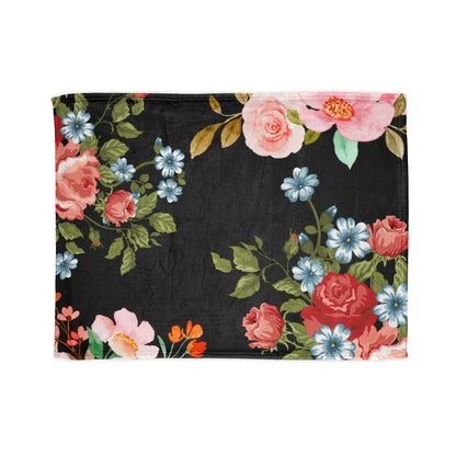 Floral Rose Garden Throw Blanket — Vintage Pink & Blue Flowers on Black
