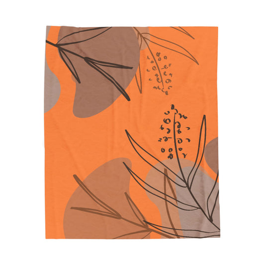 Abstract Autumn Foliage Velveteen Plush Blanket — Warm Orange Botanical Throw