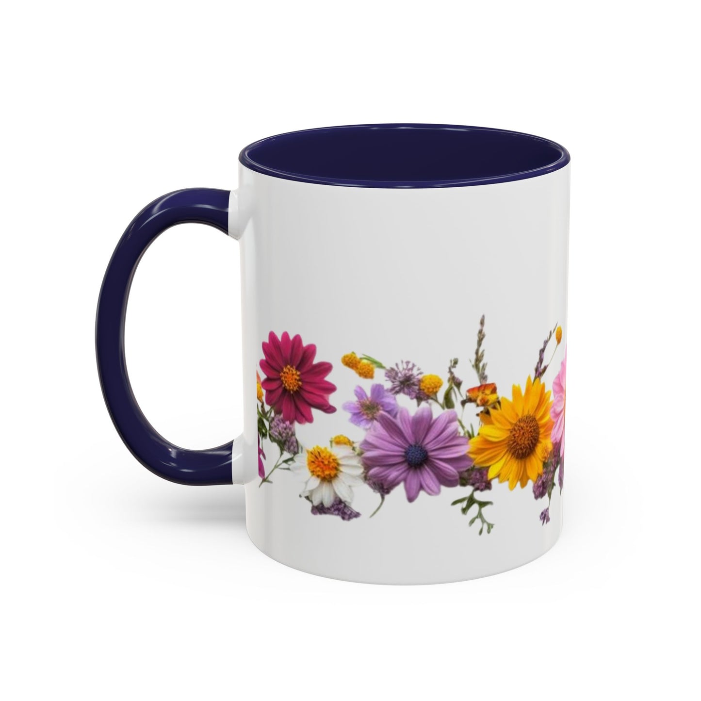 Floral Border Accent Coffee Mug — Colorful Daisy Bouquet 11/15oz