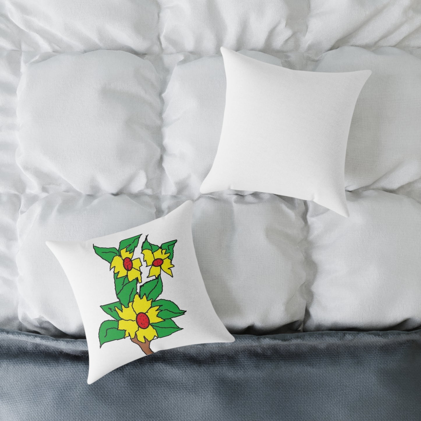 Yellow Blossom Illustration Square Pillow – Floral Decorative Throw Cushion