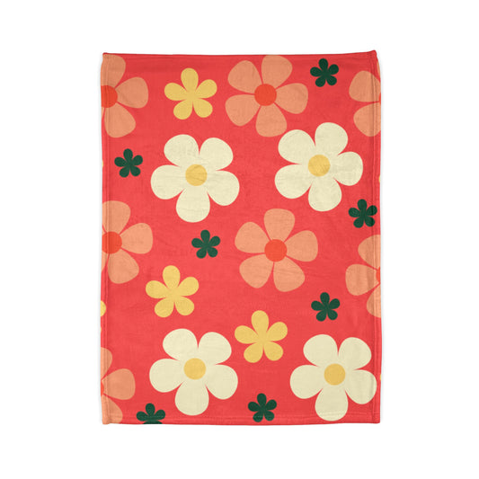 Retro Floral Throw Blanket — Red Daisy Pattern Soft Polyester Blanket