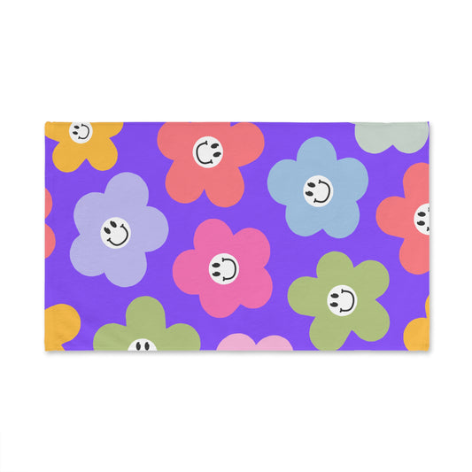 Smiley Flower Hand Towel — Colorful Retro Daisy Bathroom & Kitchen Towel