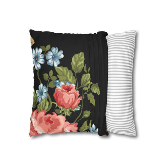 Vintage Floral Black Throw Pillowcase — Rose & Blue Blossom Decorative Cushion Cover