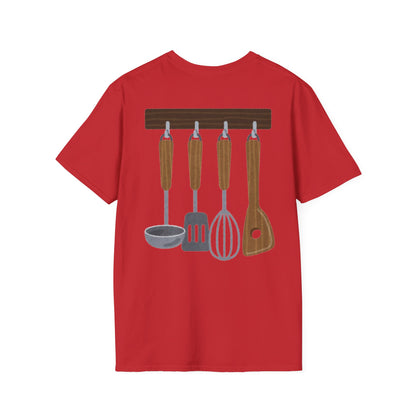 Kitchen Utensils Hanging Back Print T‑Shirt — Chef Cooking Tools Shirt