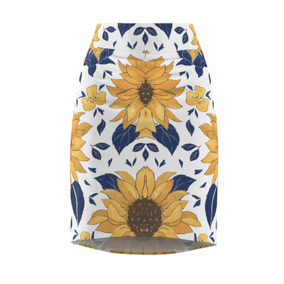 Sunflower Pattern Pencil Skirt — Floral Yellow & Navy AOP