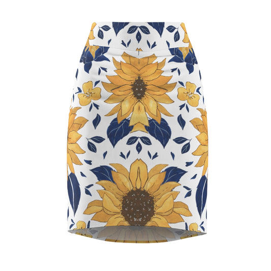Sunflower Pattern Pencil Skirt — Floral Yellow & Navy AOP