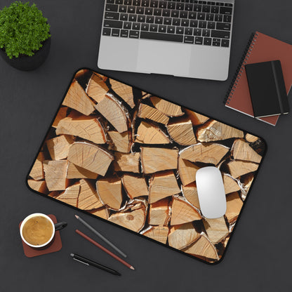 Wood Stack Desk Mat — Rustic Firewood Pattern Mouse Pad for Home Office