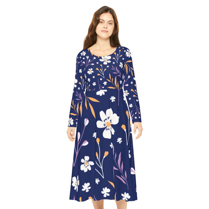 Floral Maxi Dance Dress — Navy Long-Sleeve Twirl Skater Dress