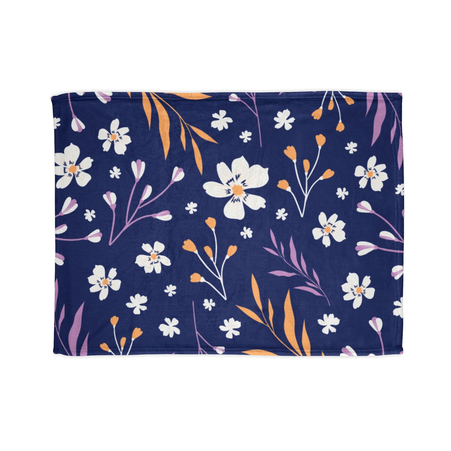 Floral Navy Fleece Blanket — Soft Polyester Throw with White & Coral Blossoms