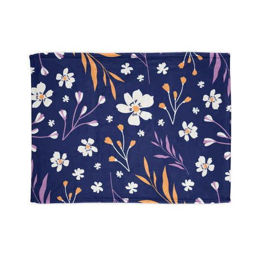 Floral Navy Fleece Blanket — Soft Polyester Throw with White & Coral Blossoms