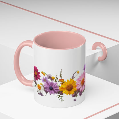 Floral Border Accent Coffee Mug — Colorful Daisy Bouquet 11/15oz