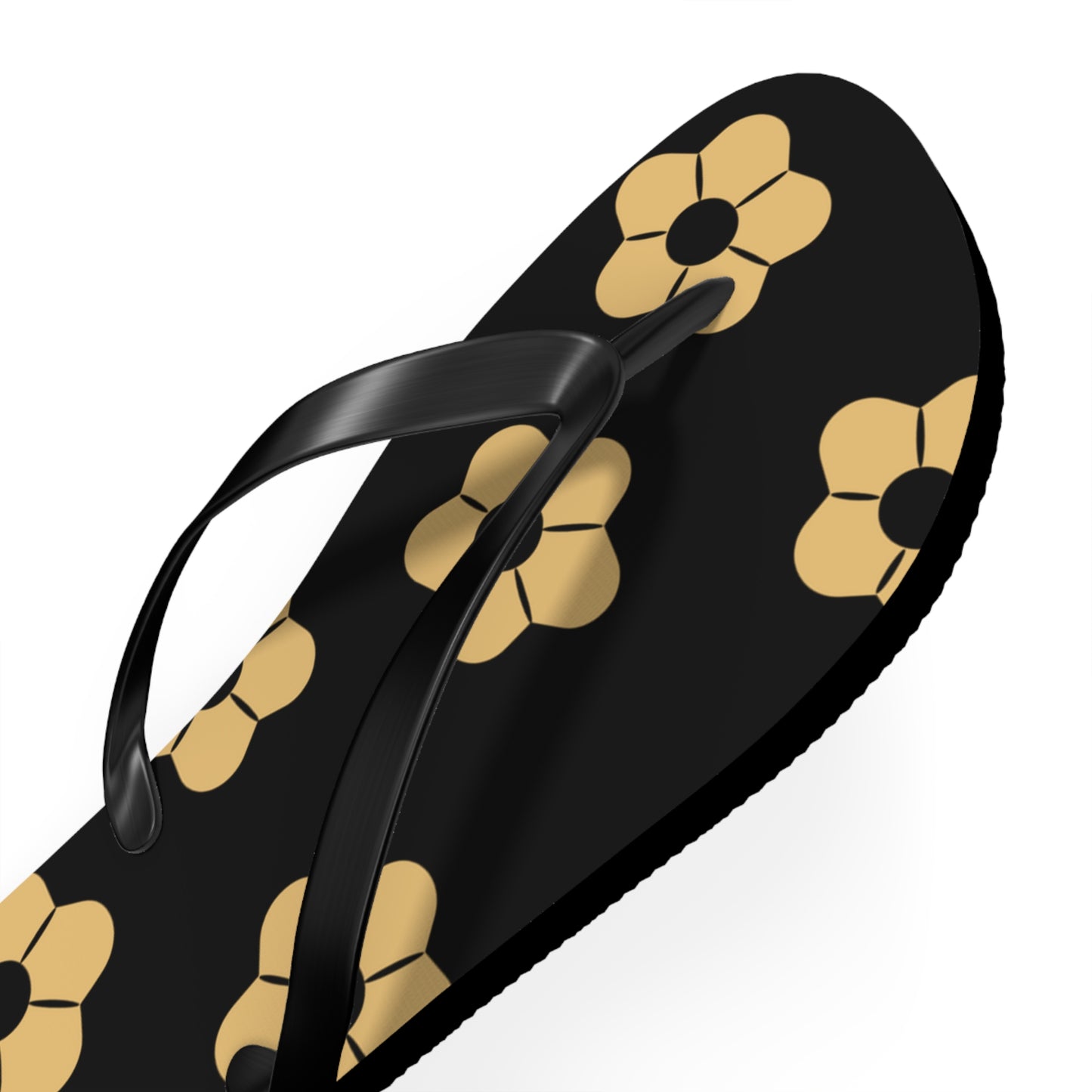 Black Floral Flip Flops – Gold Flower Pattern Beach Sandals