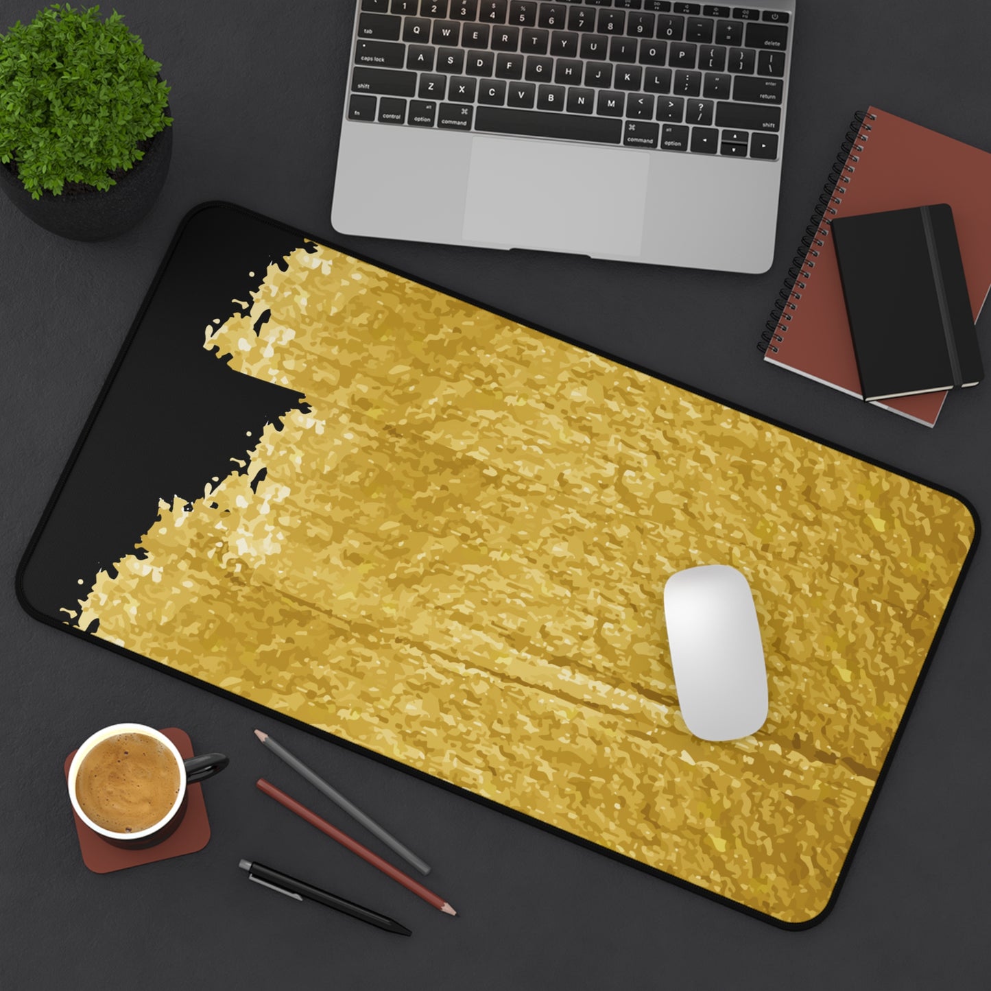 Gold Brush Stroke Desk Mat — Elegant Black & Metallic Mouse Pad for Office or Home