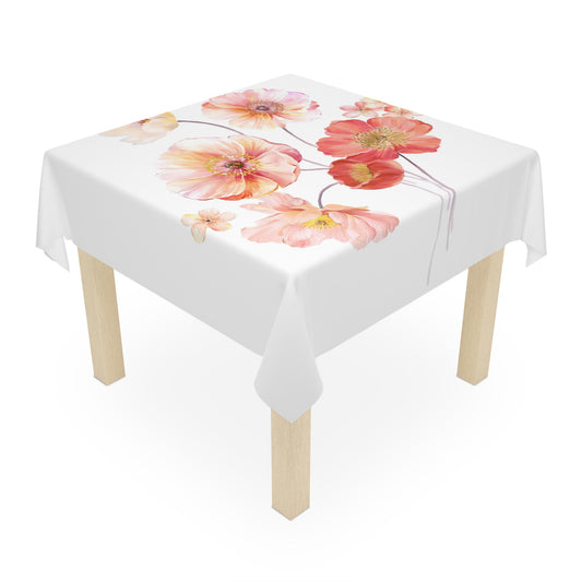 Floral Poppy Tablecloth — Watercolor Pink Poppy Table Linen for Spring & Bridal