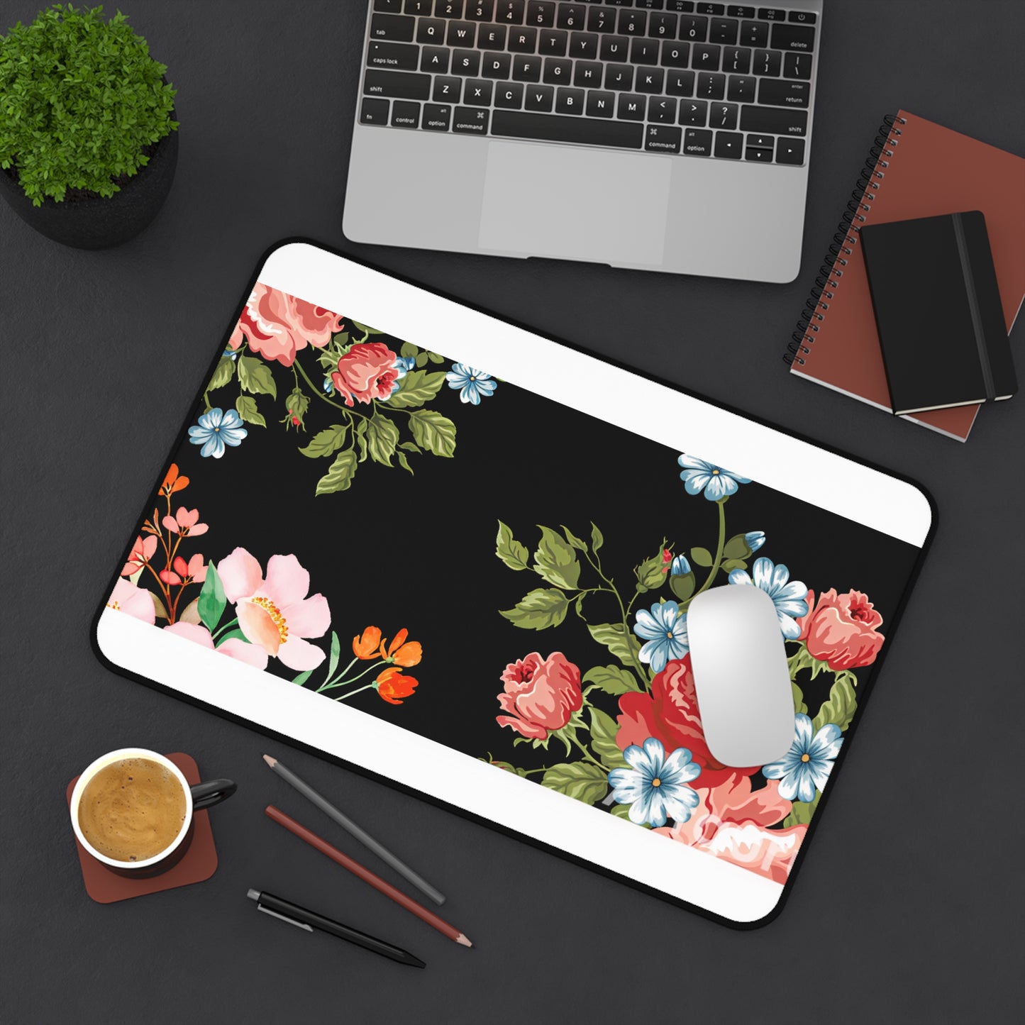 Floral Vintage Desk Mat — Black Rose & Garden Blossoms Mouse Pad