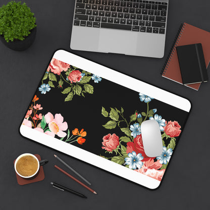 Floral Vintage Desk Mat — Black Rose & Garden Blossoms Mouse Pad